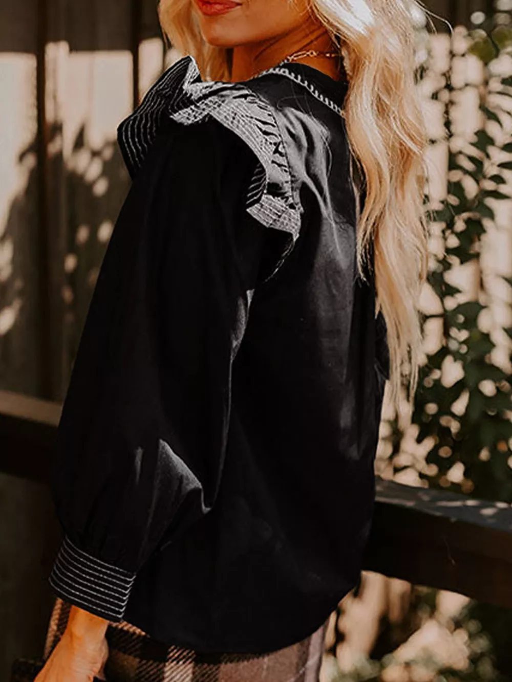 Ruffled Notched Long Sleeve Blouse, image 2