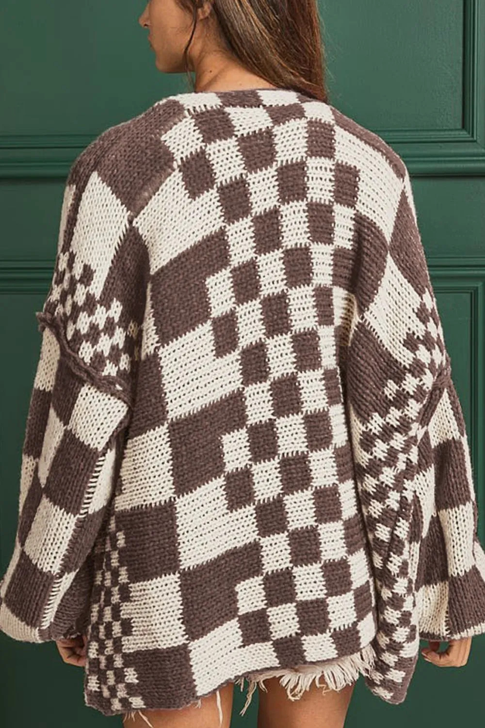 Checkered Open Front Long Sleeve Cardigan, image 7