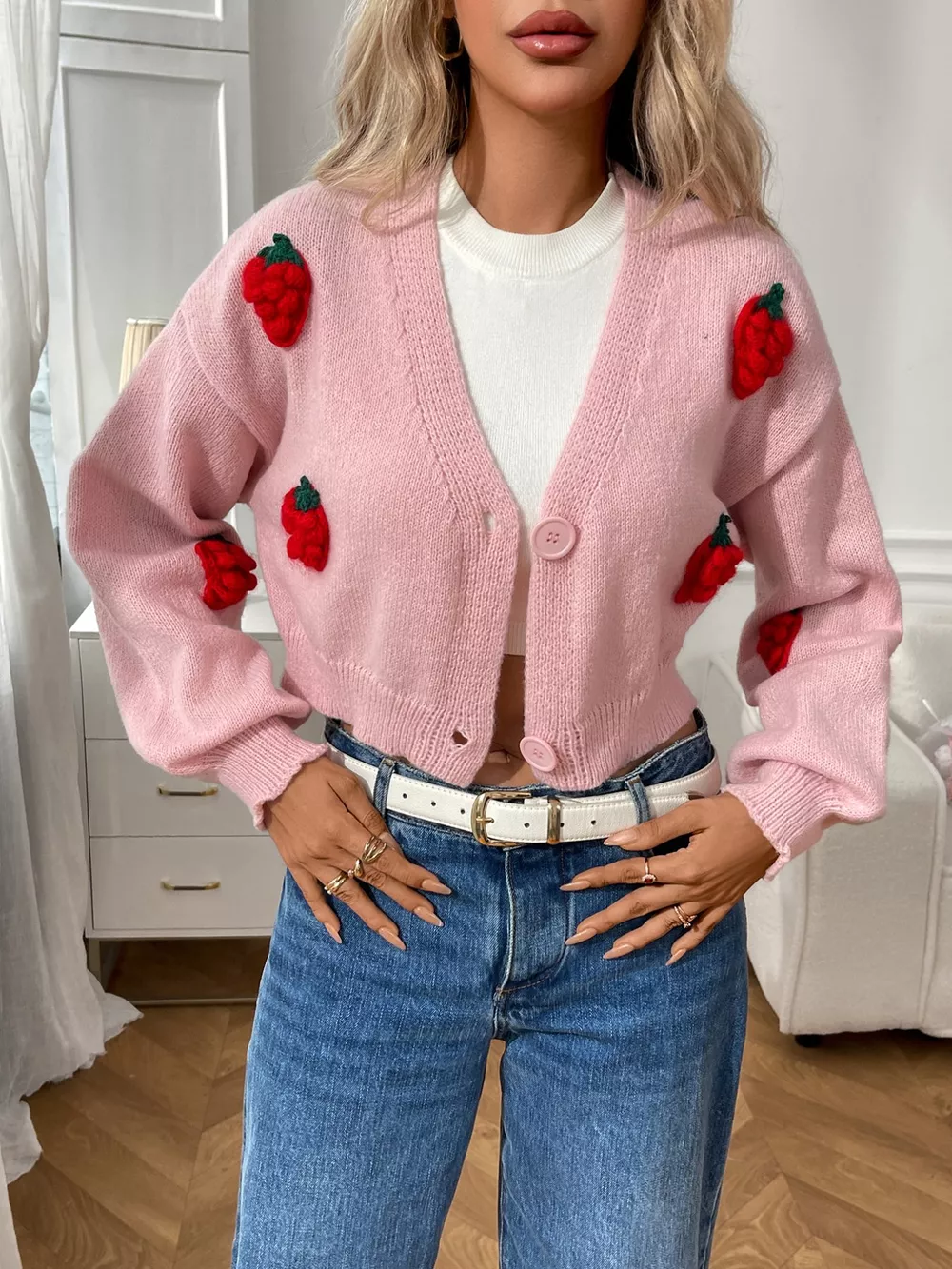 Strawberry Cropped Button-Up Cardigan, image 10