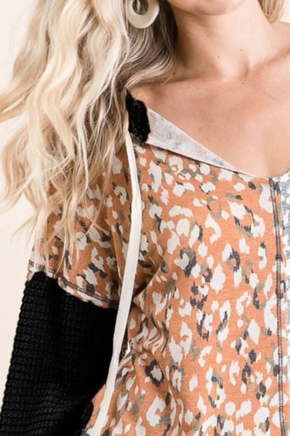 Popcorn Waffle Knit Hoodie with Print Block Front, image 2