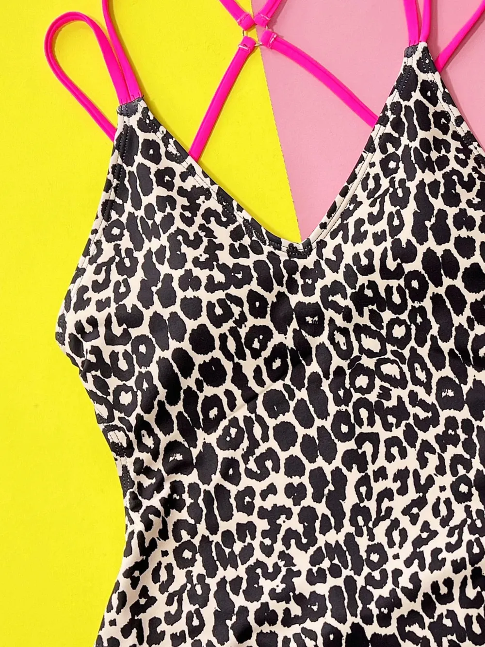 Leopard Plunge Spaghetti Strap One-Piece Swimwear, image 6