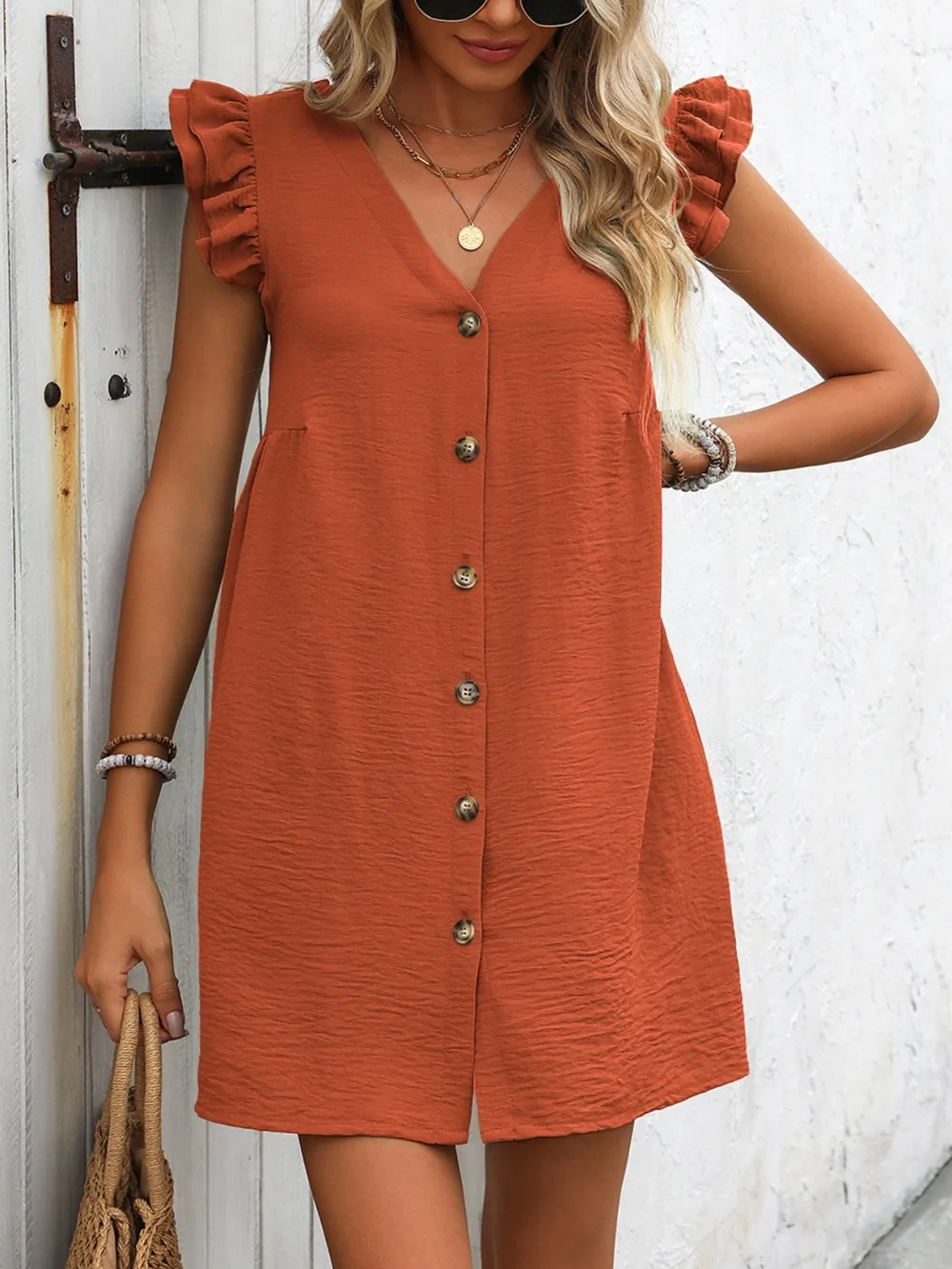 Button Up V-Neck Cap Sleeve Mini Dress, image 11