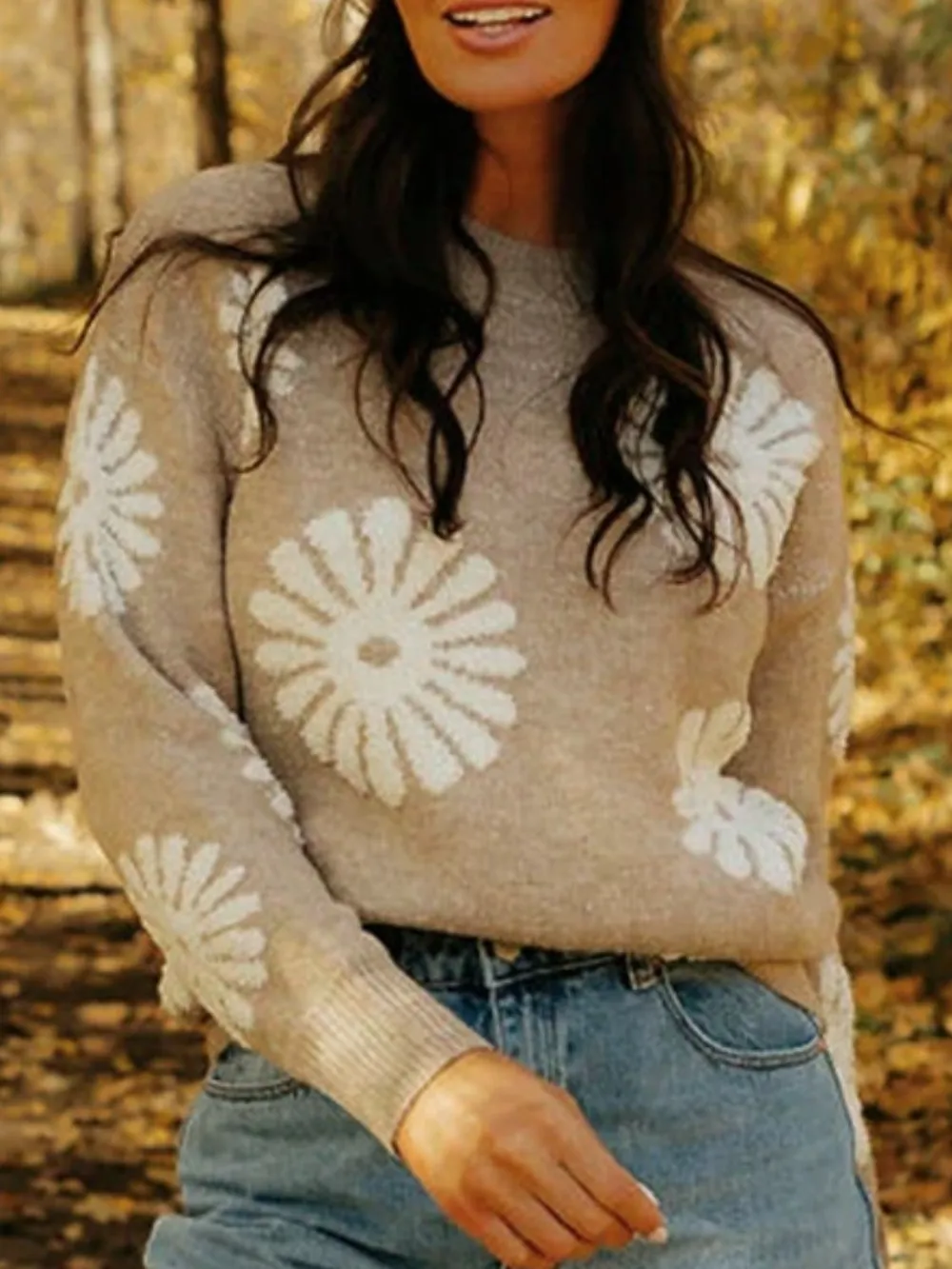 Flower Round Neck Long Sleeve Sweater, image 2