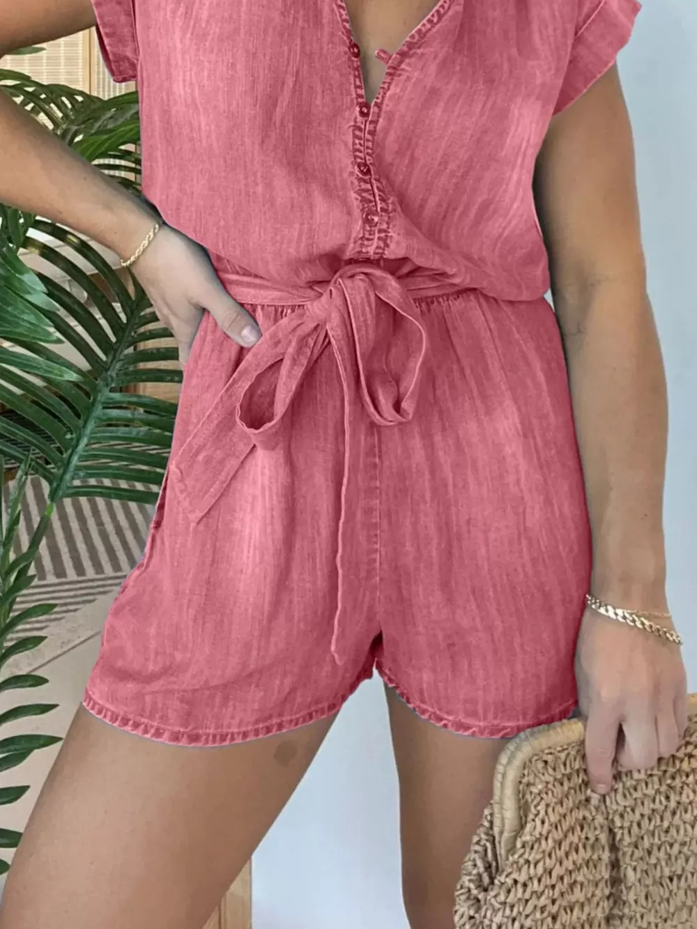 Full Size Tie Waist Cap Sleeve Romper Plus Size, image 16