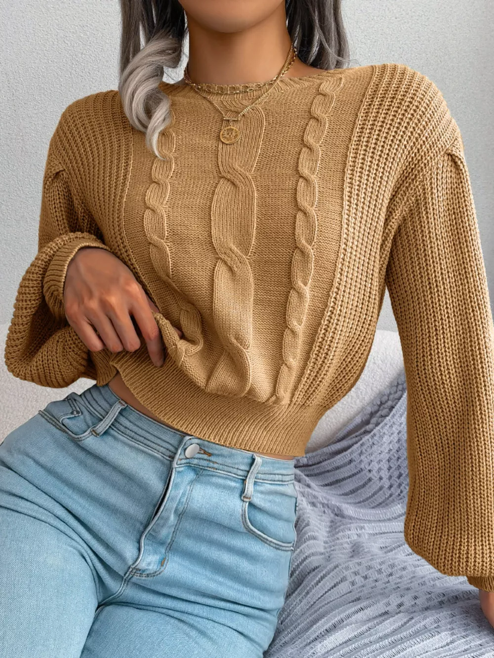 Cable Knit Round Neck Cropped Sweater, image 13