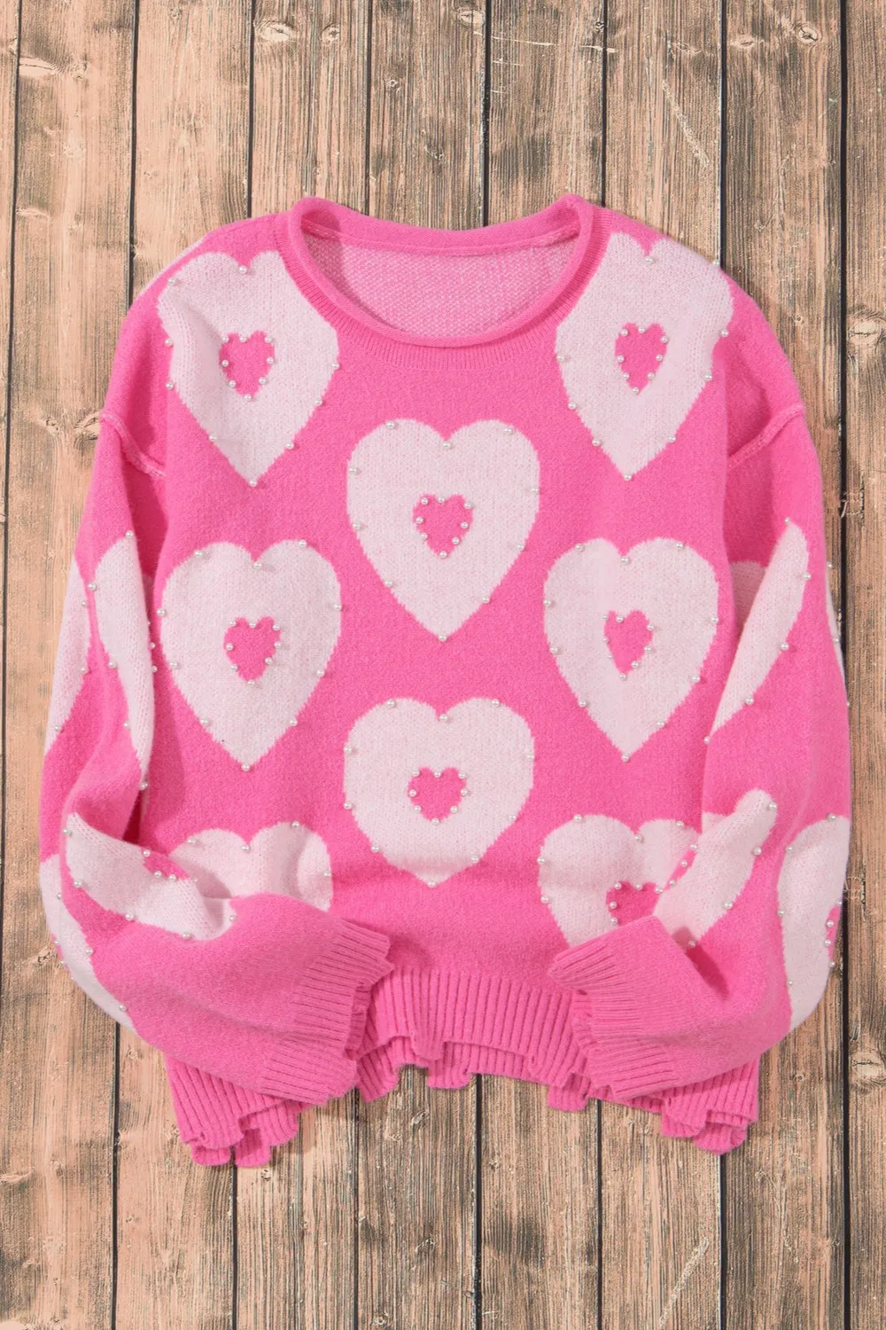 Pearl Detail Heart Round Neck Long Sleeve Sweater, image 4