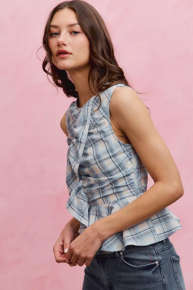 Plaid Sleeveless Ruffle Peplum Top, image 2