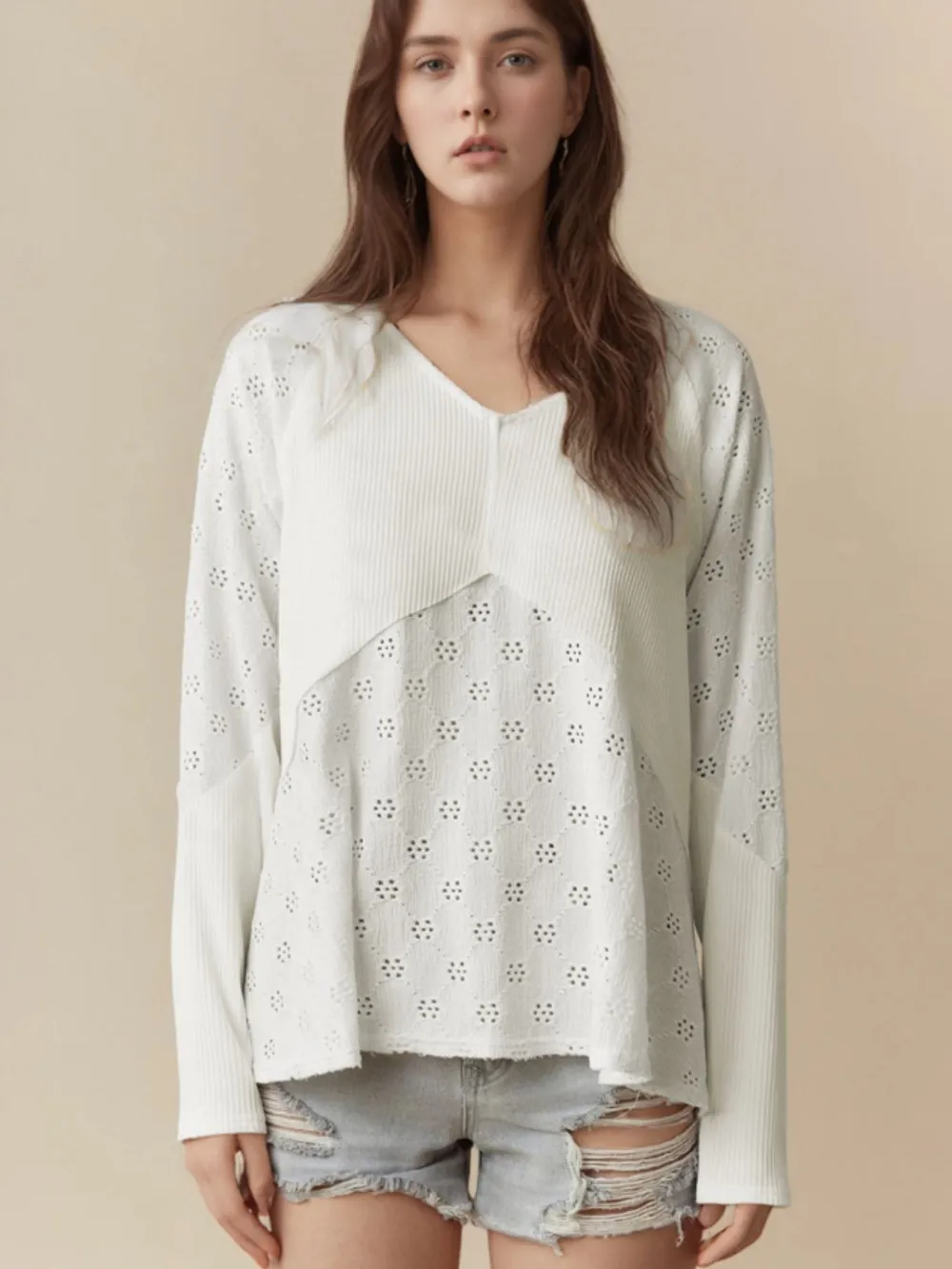 Eyelet Embroidered Loose V Neck Long Sleeve Top