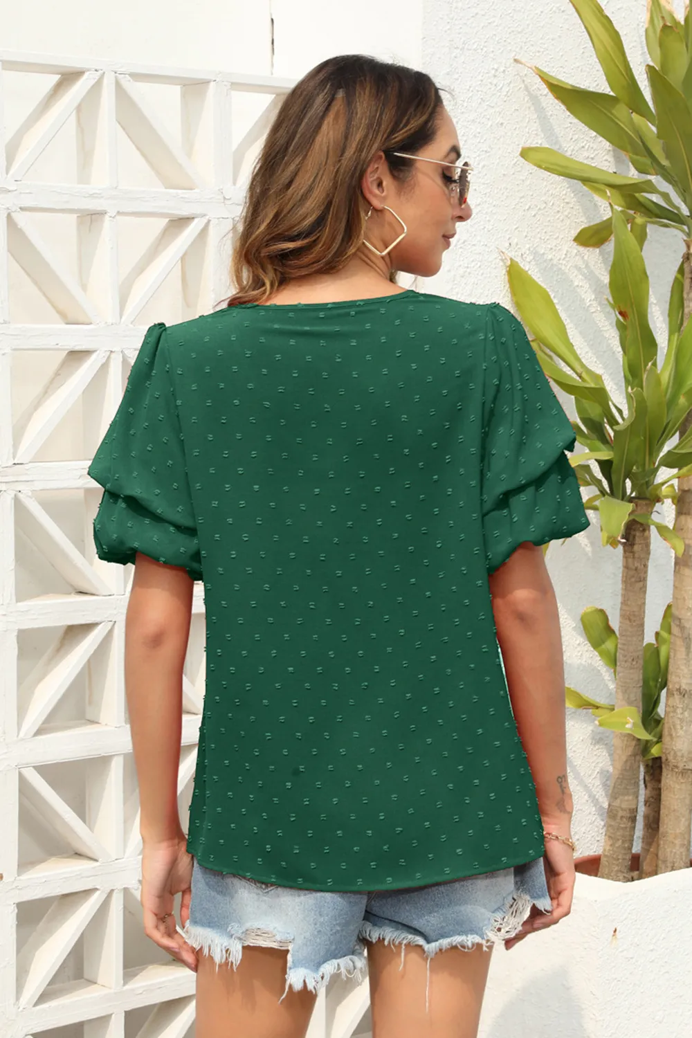 Swiss Dot V-Neck Short Sleeve Blouse, image 13