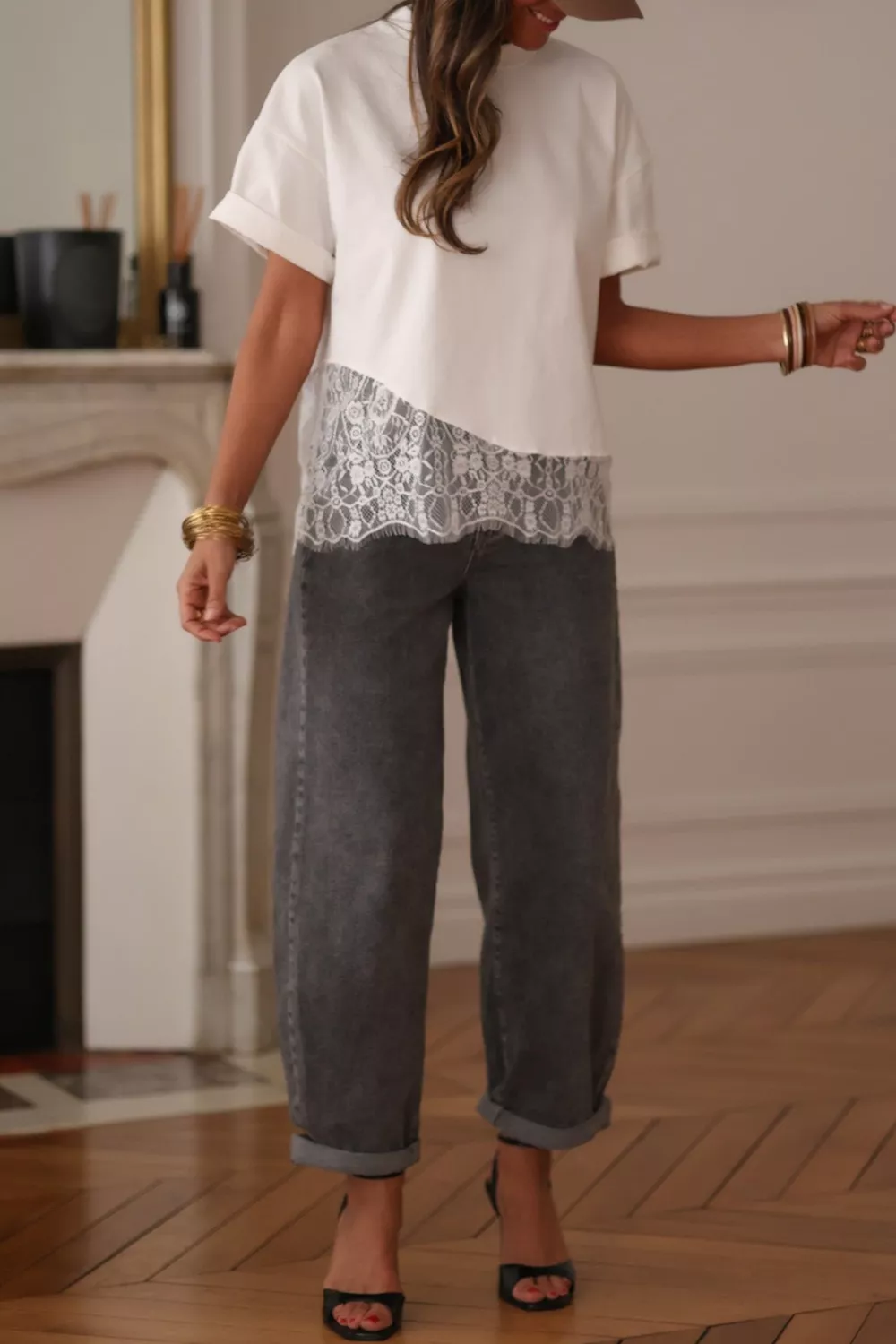 Asymmetric Lace Hem Patchwork Tee, image 2