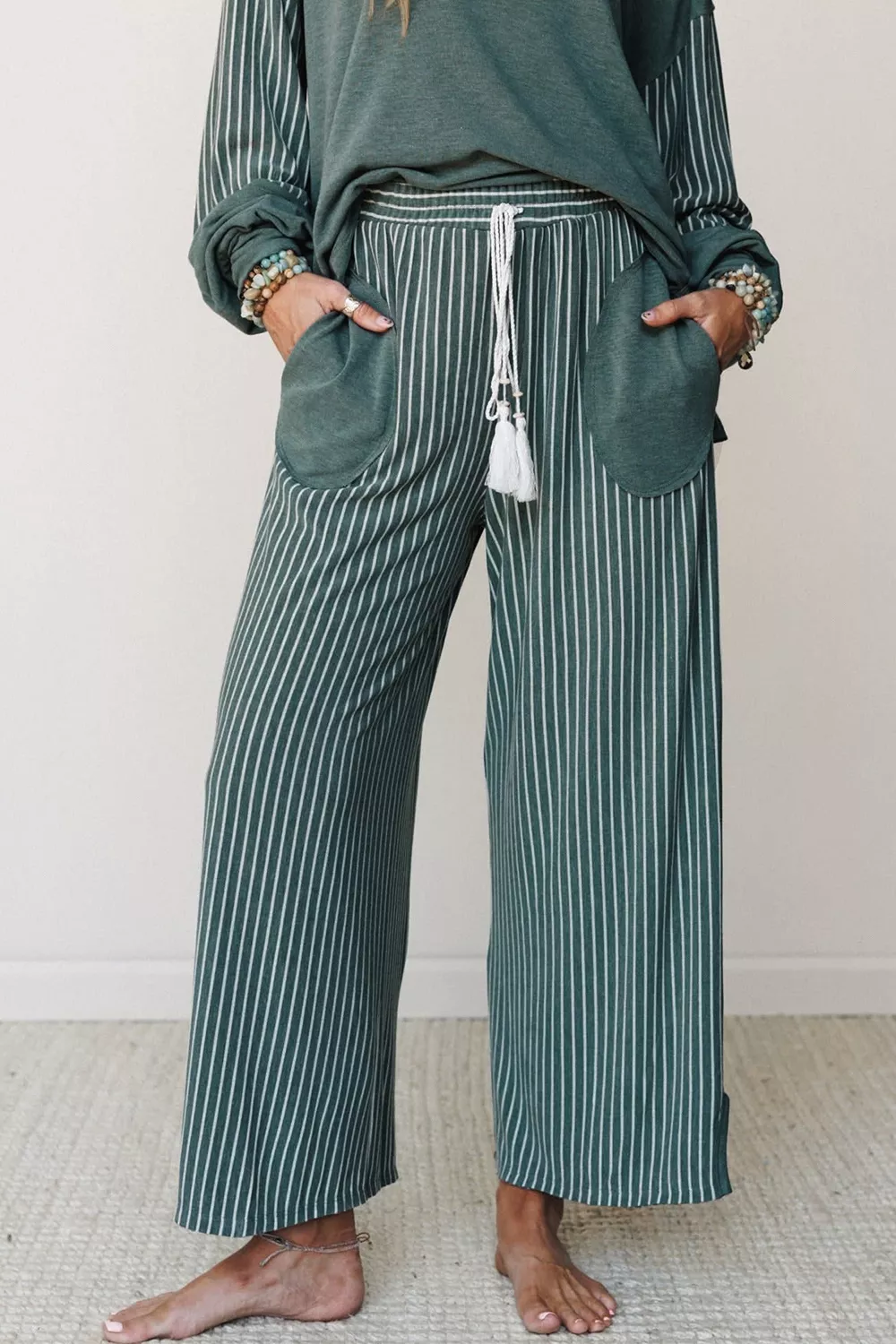 Raw Seam Patchwork Long Sleeve Top Pocket Casual Pants 2pcs Set, image 8
