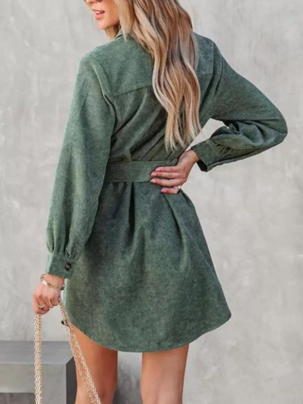 Button Front Belt Long Sleeve Corduroy Dress, image 15