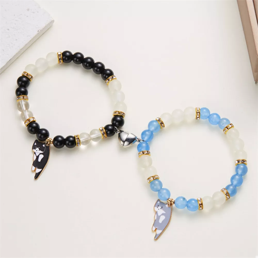 2 Piece Beaded Cat Charm Bracelet