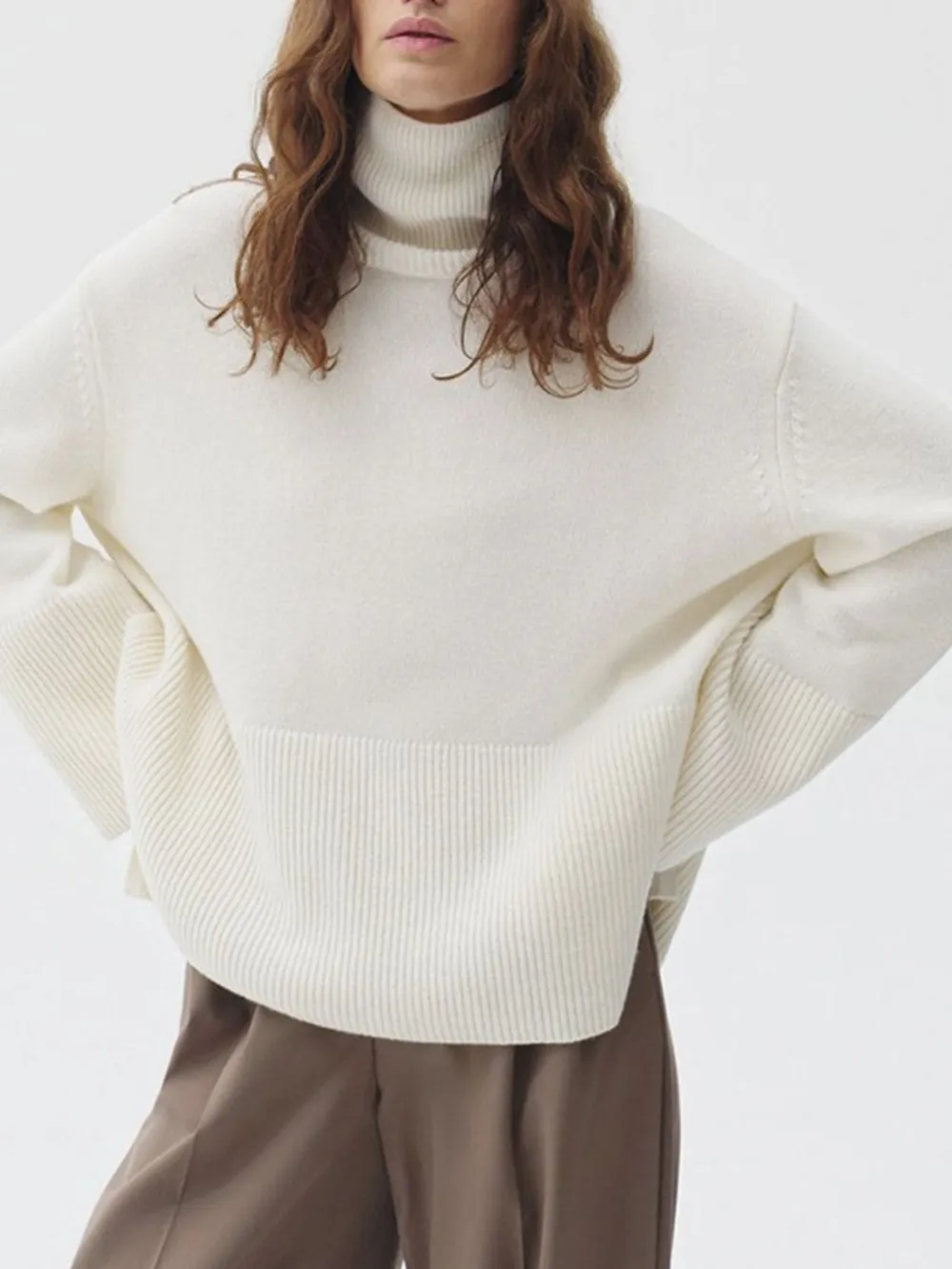 Side Slit Turtleneck Drop Shoulder Sweater, image 2