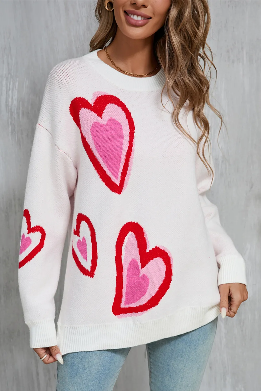 Heart Round Neck Long Sleeve Sweater, image 3