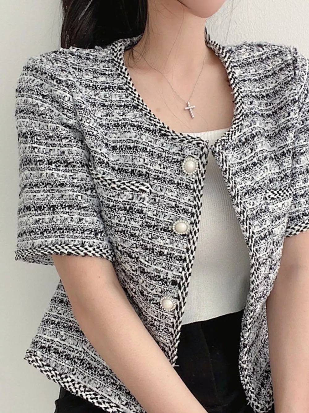 Pearl Button Short Sleeve Tweed Outerwear, image 5
