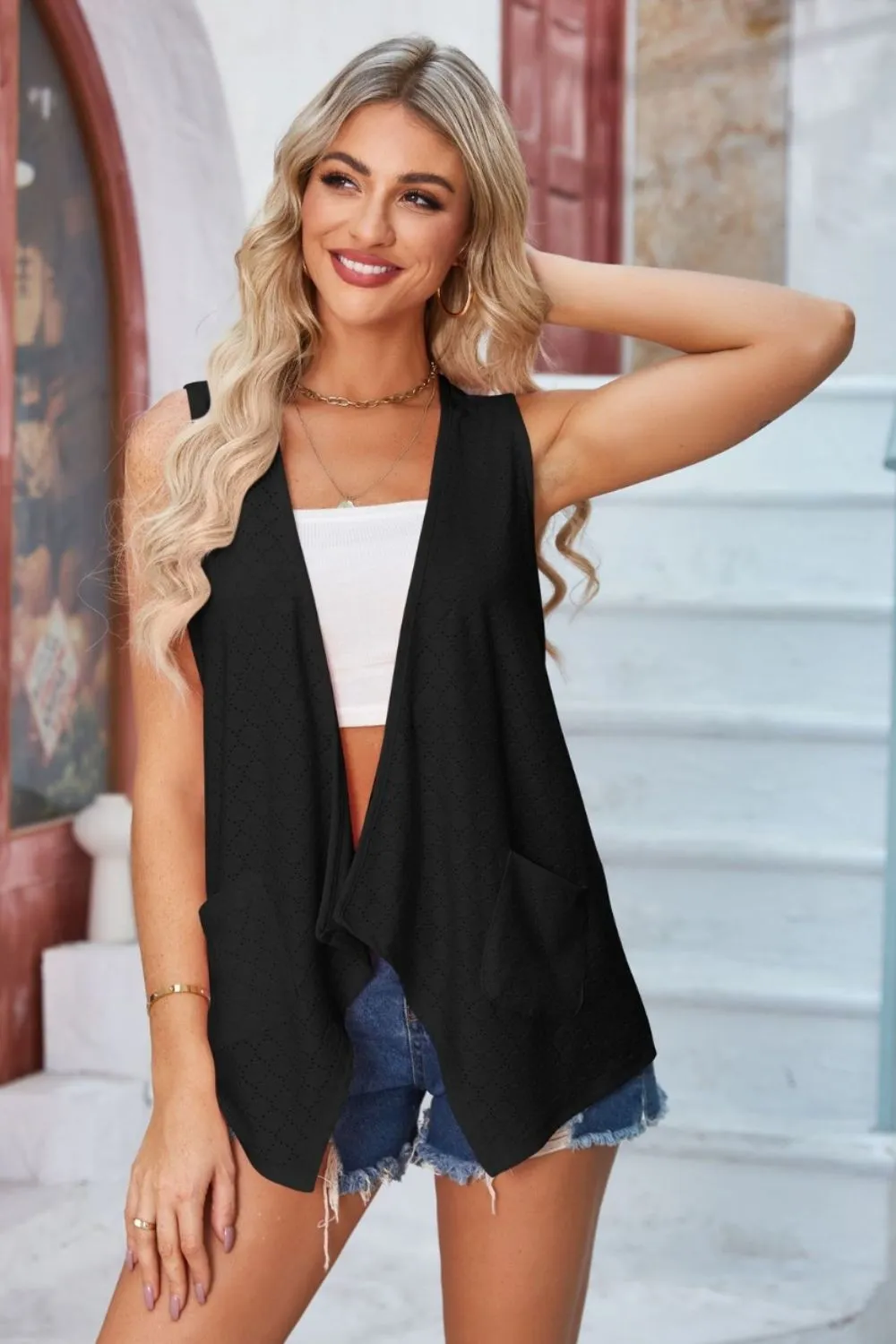 Eyelet Open Front Sleeveless Cardigan, image 16