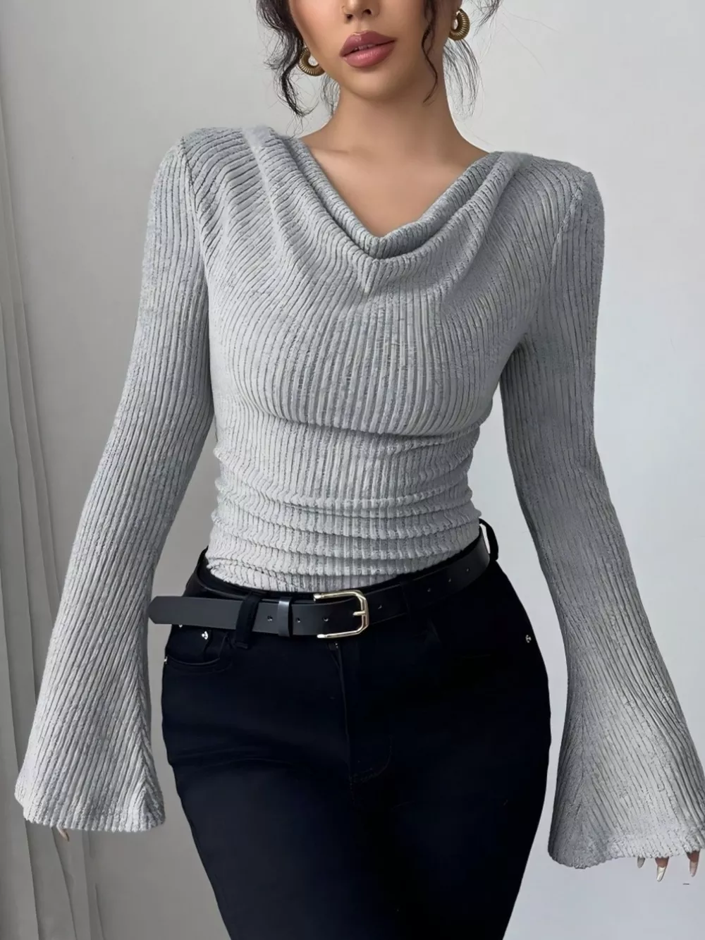 Off-Shoulder Bell Sleeve Ribbed Blouse, image 7