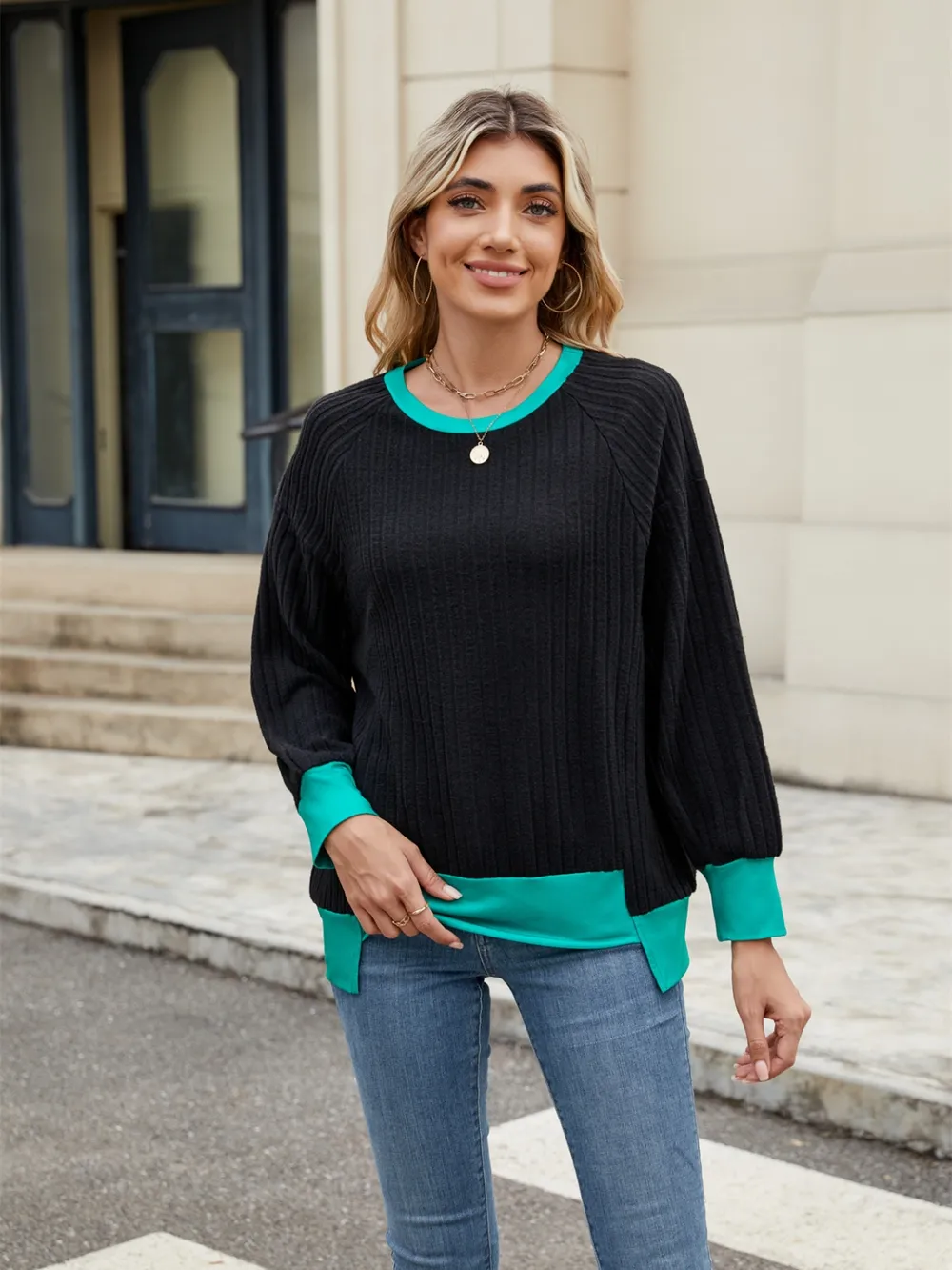 Contrast Trim Round Neck Long Sleeve T-Shirt, image 15