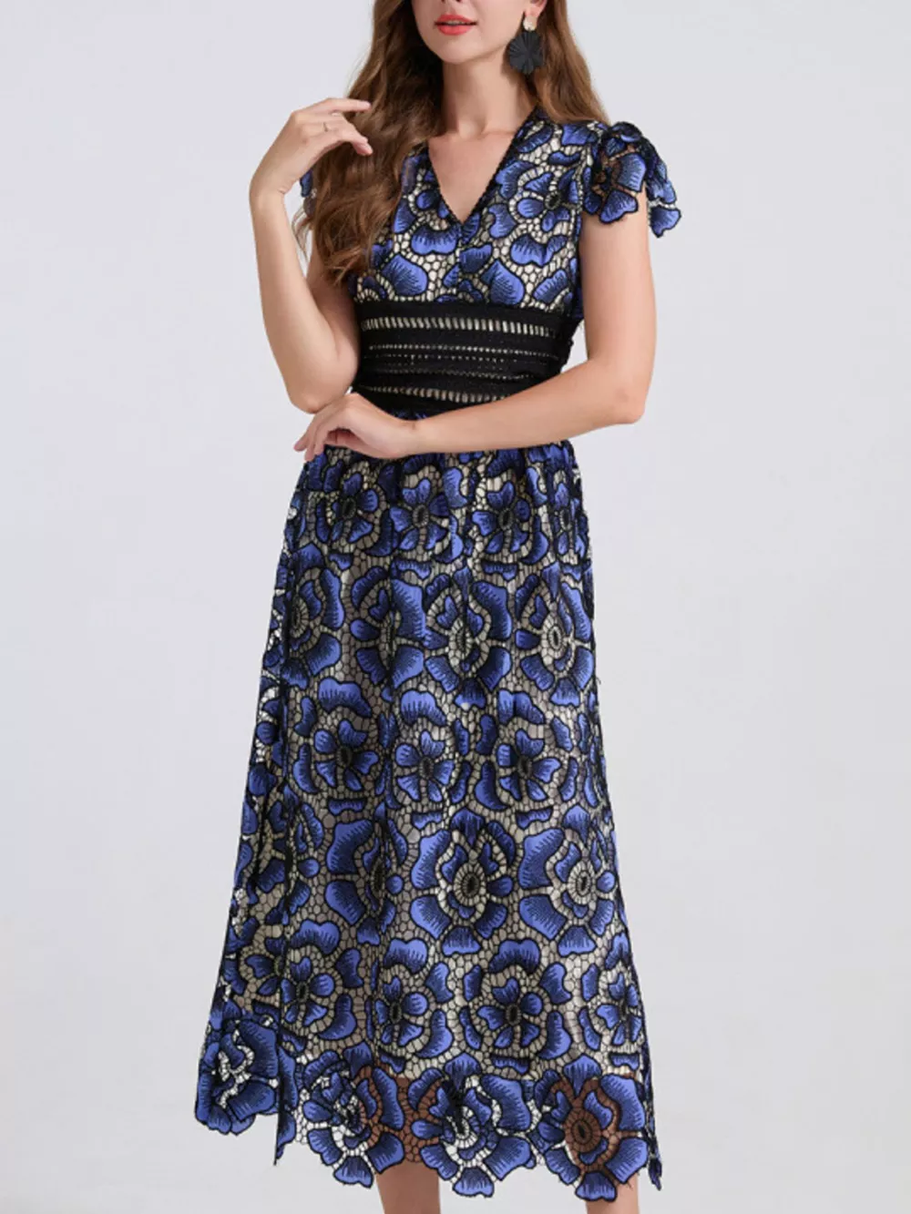 Printed V-Neck Ruffle Sleeve Midi Dress, image 6
