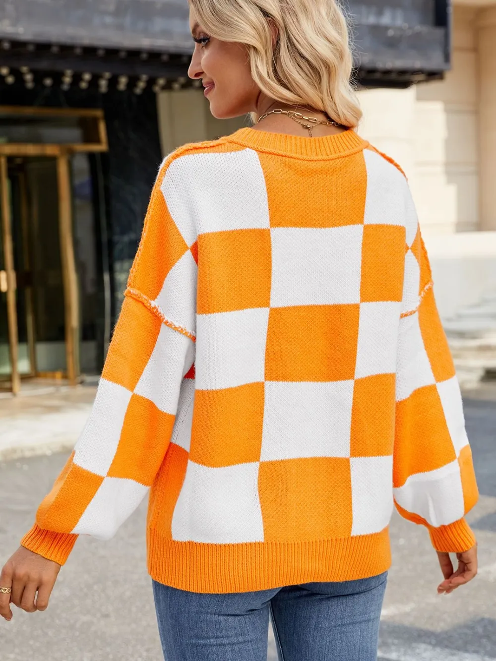Checkered Round Neck Long Sleeve Sweater, image 12