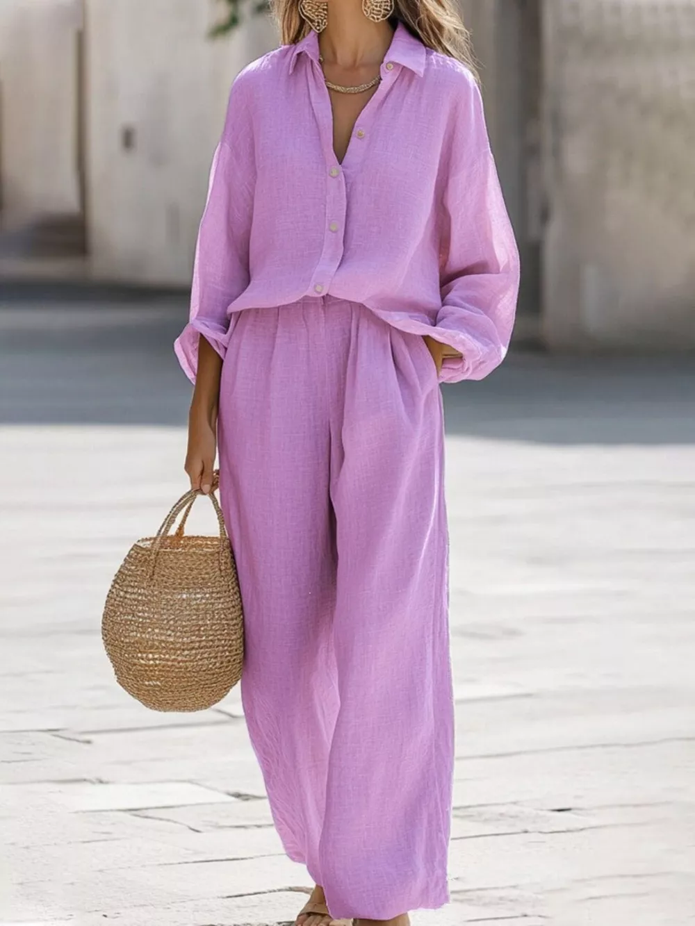 Full Size Loose Fit Shirt and Wide Leg Pants Set Plus Size, image 5