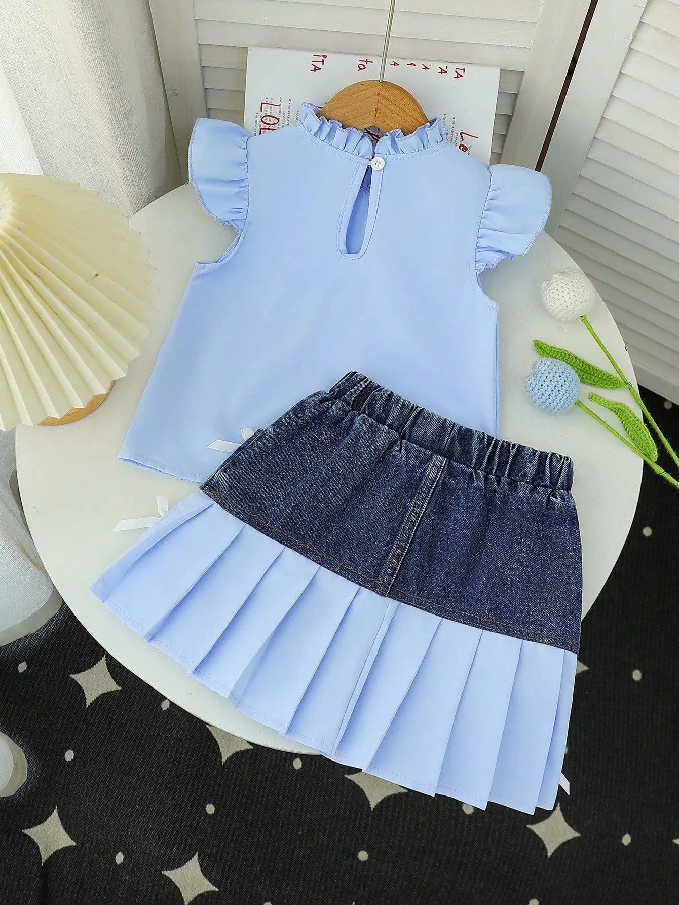 Children's Ruffled Top & Denim Patchwork Pleated Skirt Set, image 5