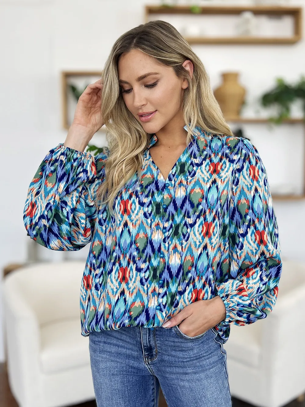 Full Size Printed Balloon Sleeve Blouse, image 21