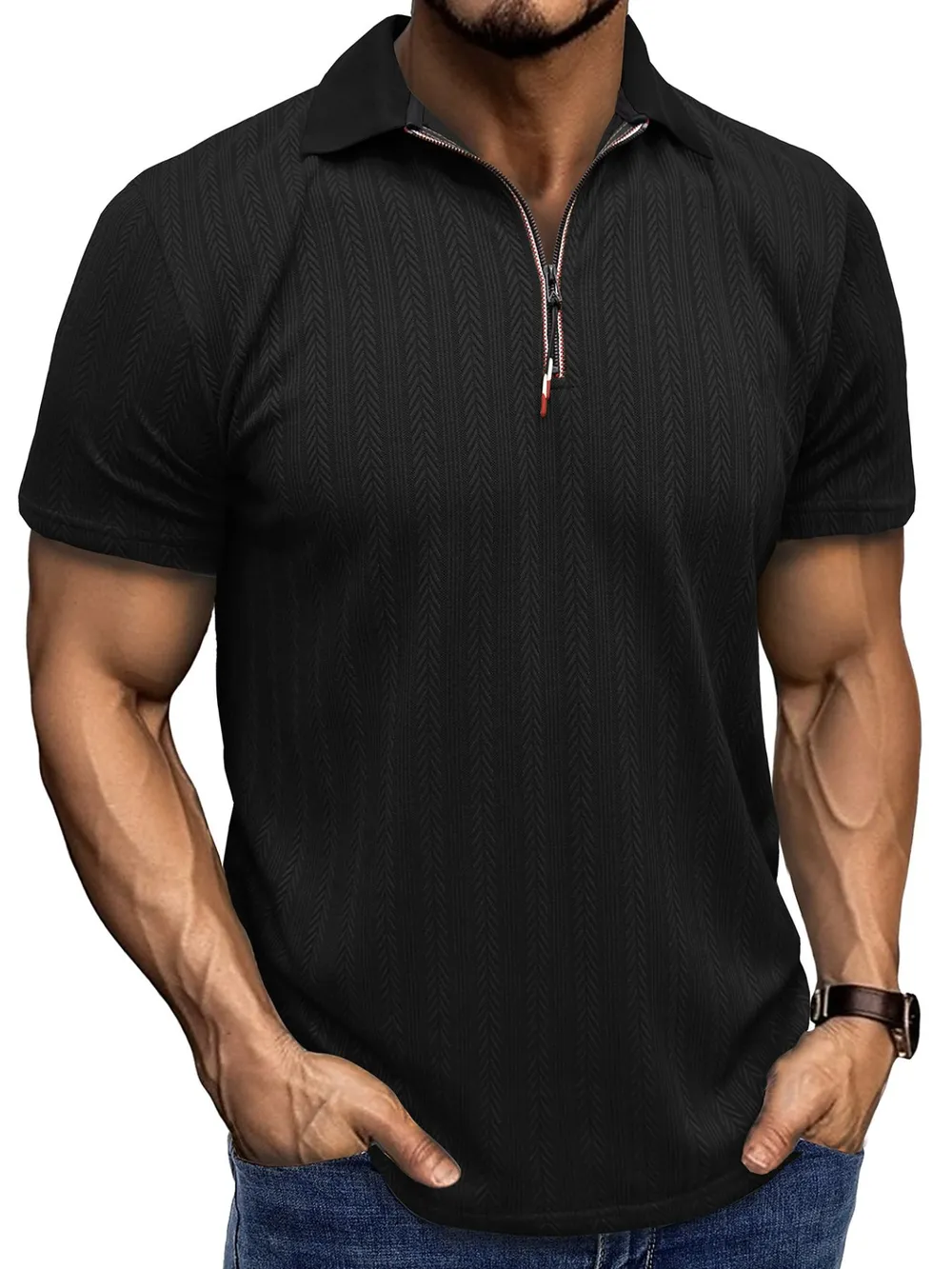 Men's Textured Quarter-Zip Polo Shirt, image 6