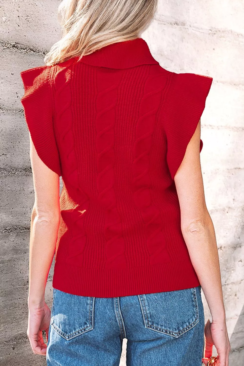 Cable Knit Turtleneck Ruffled Short Sleeve Sweater, image 6