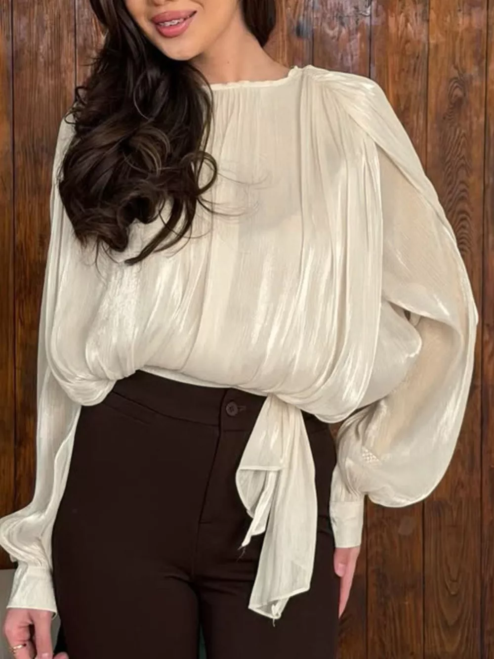 Metallic Sheen Blouse with Tie Detail, image 2