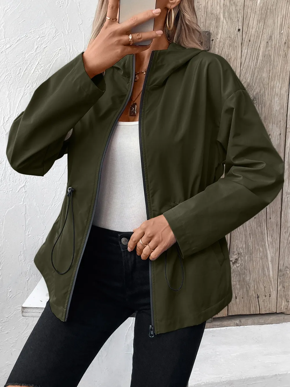 Drawstring Zip Up Hooded Jacket, image 14
