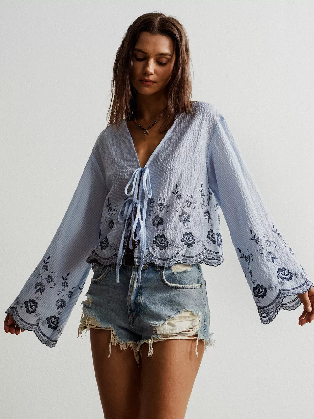 Floral Embroidered Tie-Front Blouse, image 6