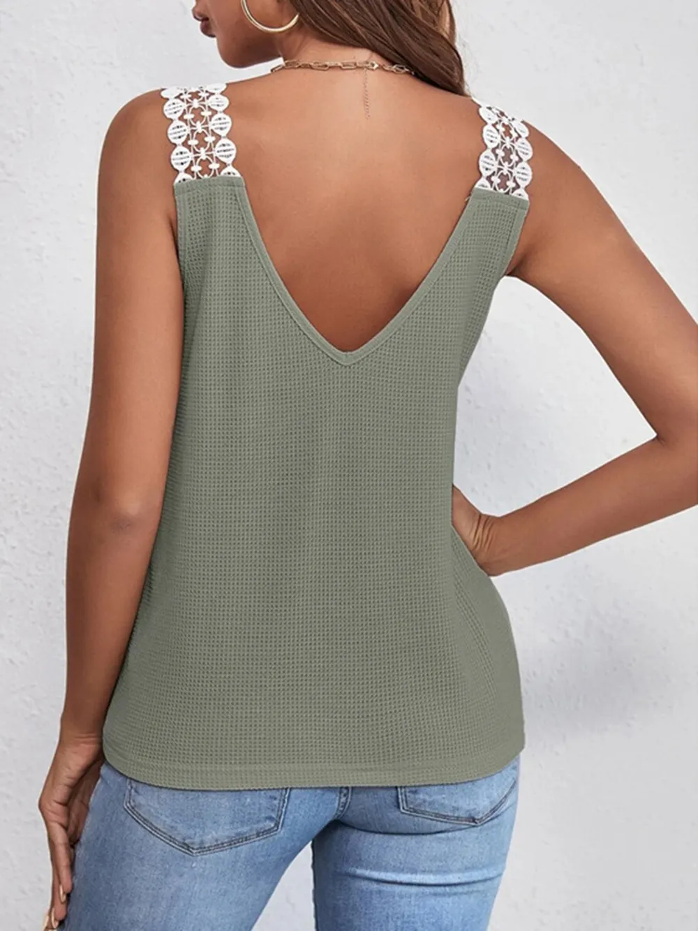 Lace Detail Waffle-Knit V-Neck Tank, image 13
