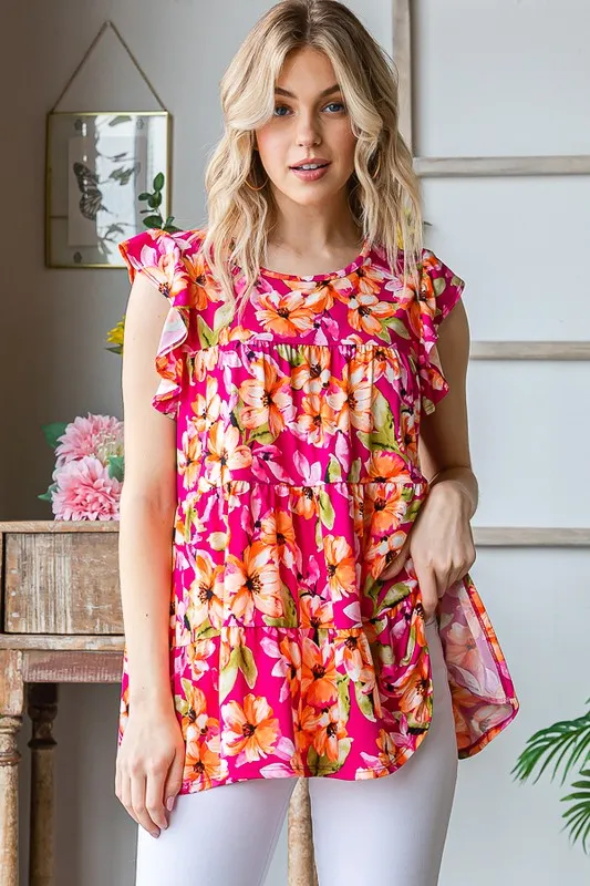 Full Size Butterfly Sleeve Floral Tiered Top Plus Size, image 5