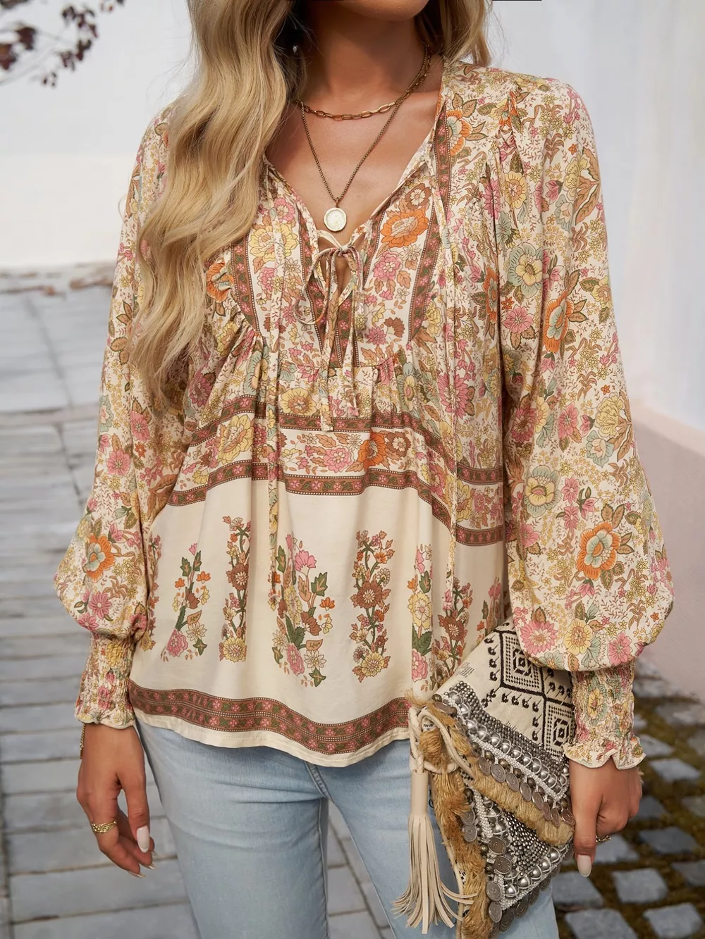 Floral Print Tie Neck Bohemian Blouse, image 8