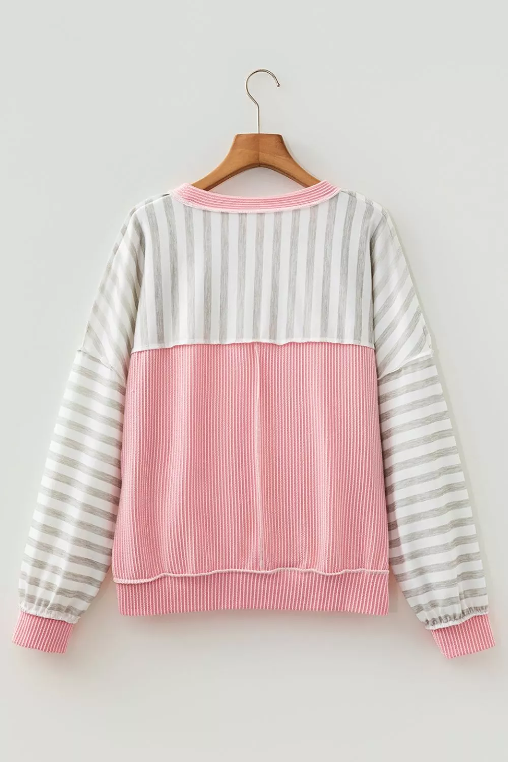 Twisted Rib Trim Striped Round Neck Loose Pullover Sweatshirt, image 8