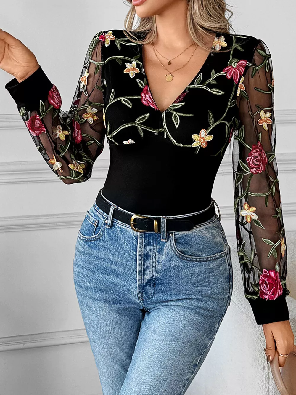Floral Mesh Sleeve V-Neck Top, image 2
