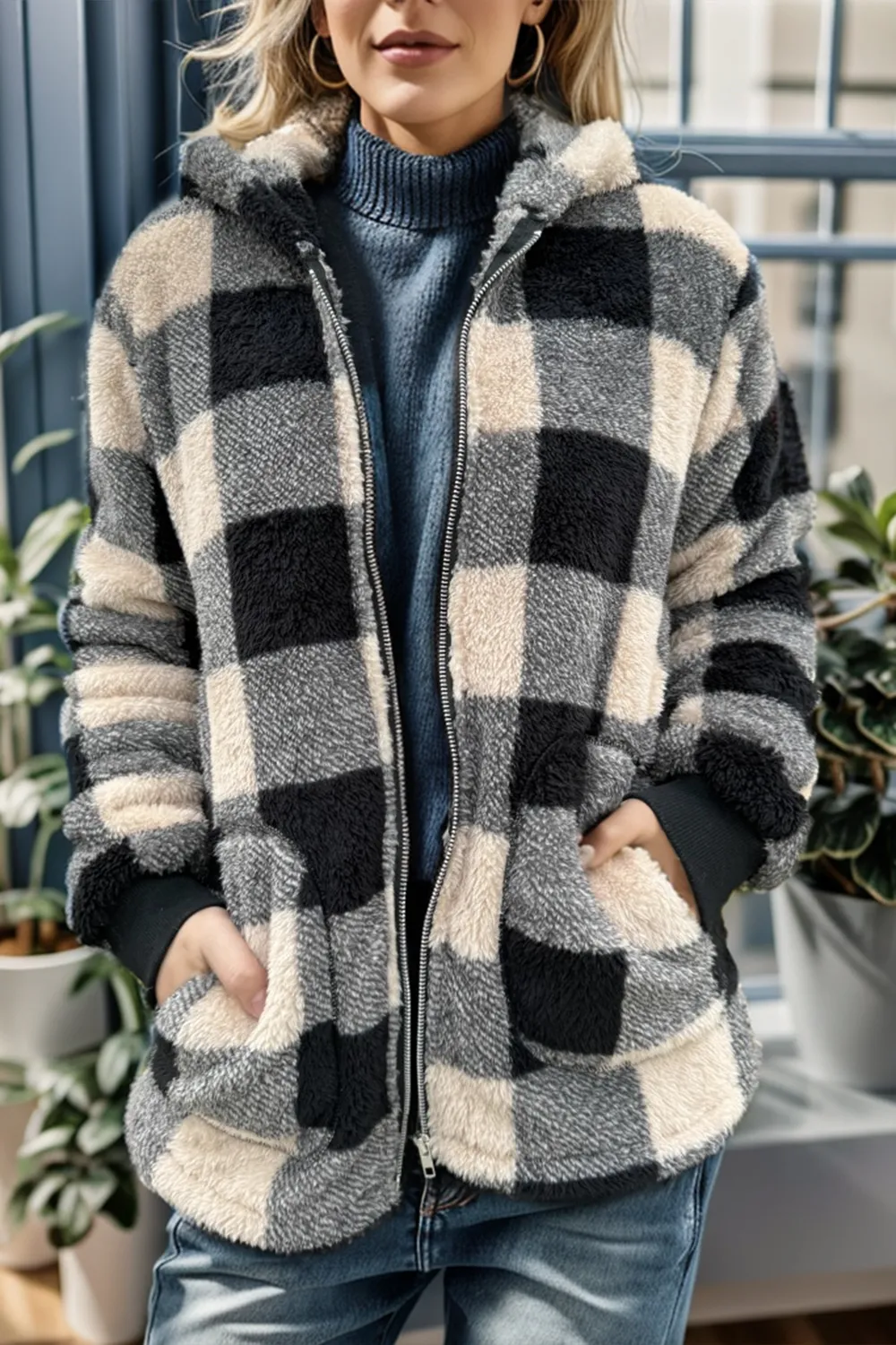 Full Size Plaid Long Sleeve Hooded Coat, image 8