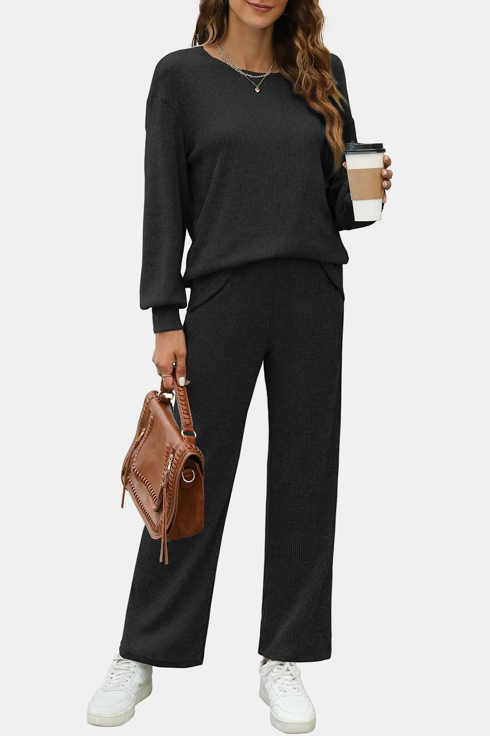 Round Neck Long Sleeve Top and Pants Set, image 8
