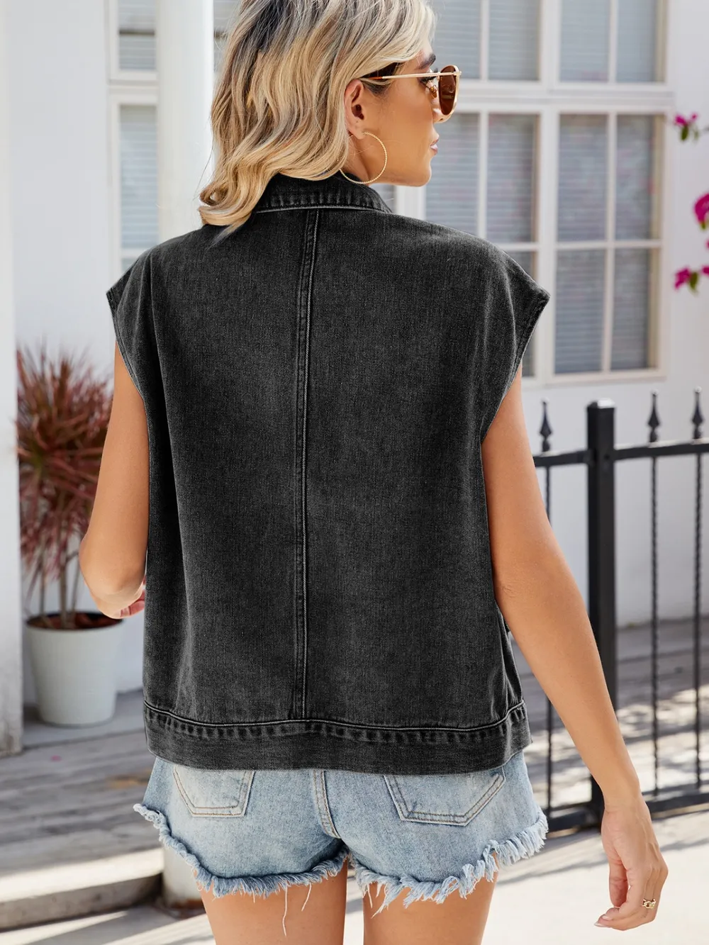 Pocketed Button Up Sleeveless Denim Jacket, image 11