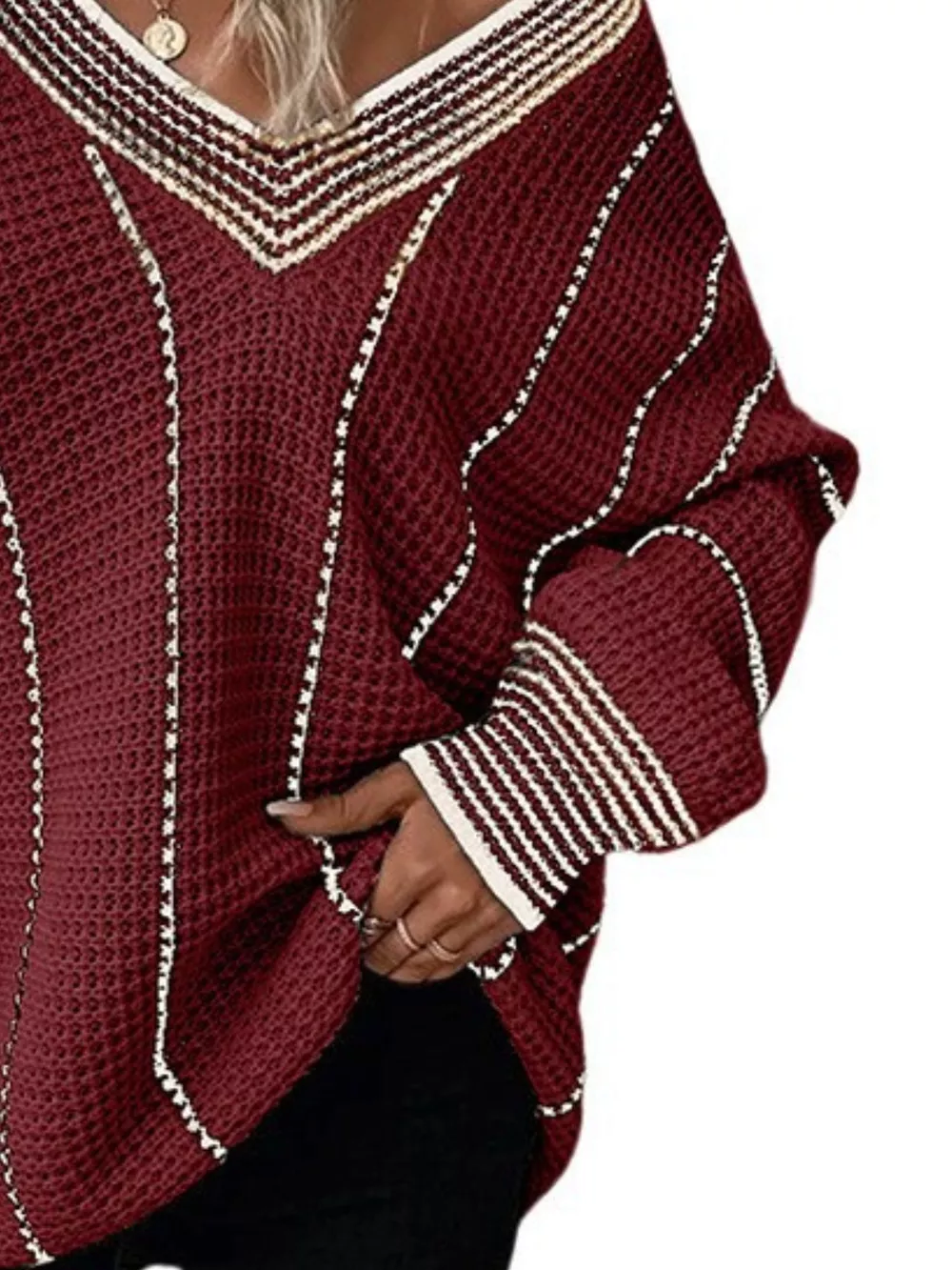 V-Neck Textured Knit Sweater, image 3