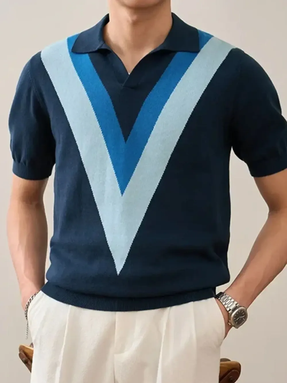 Men's Plus Size V-Pattern Contrast Knit Polo Shirt, image 11