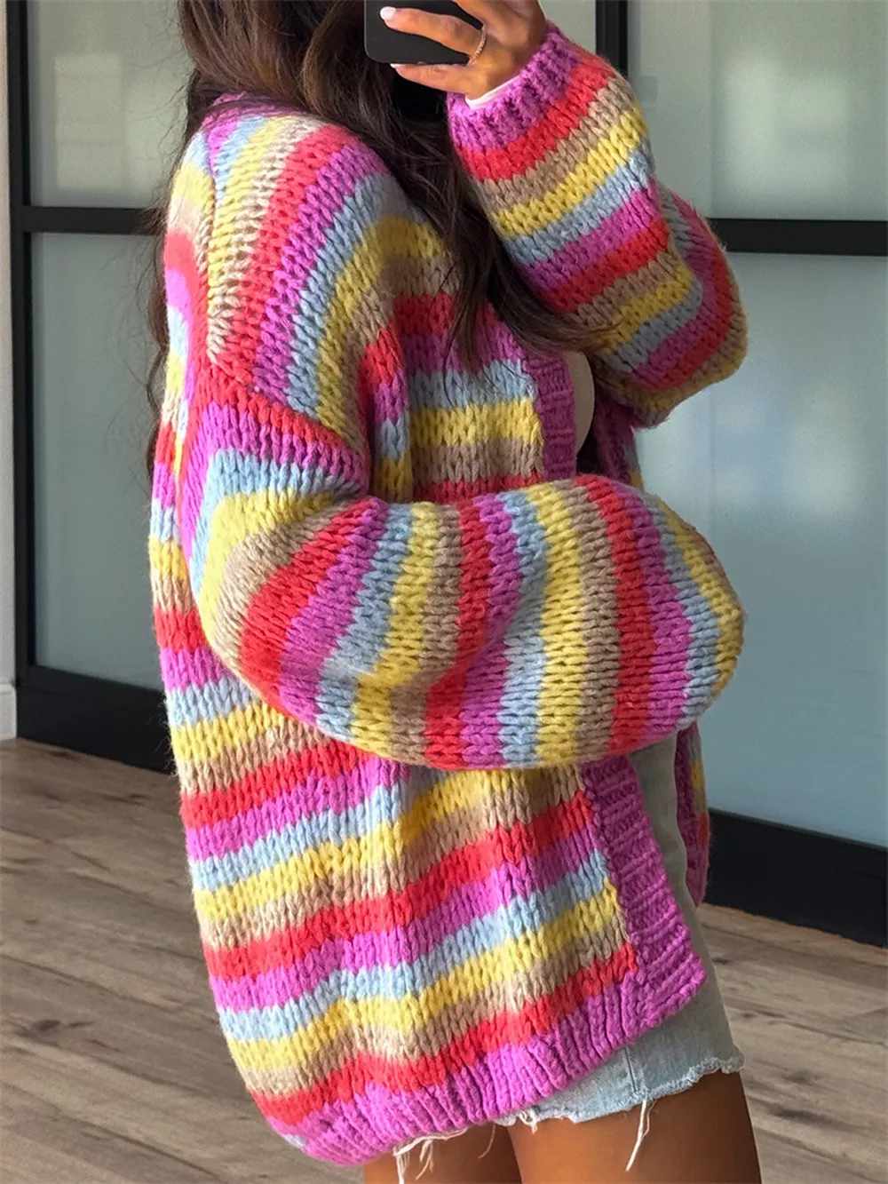 Multi-Color Striped Chunky Knit Open-Front Cardigan, image 5