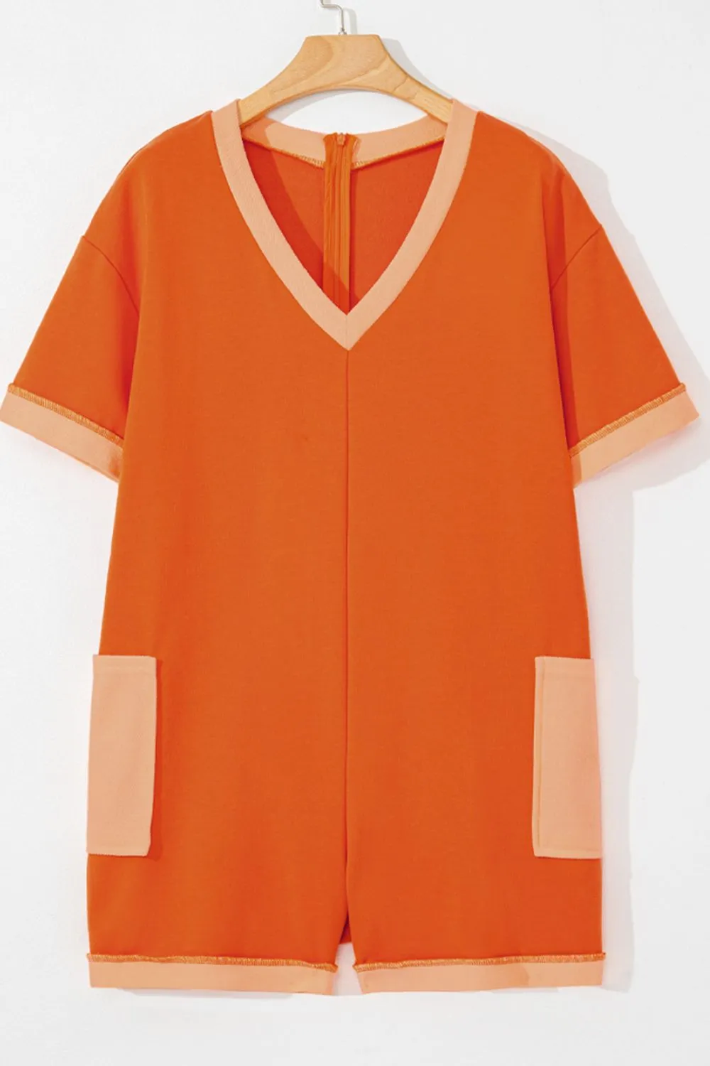Two-Tone Short Sleeve V Neck Patched Pocket Romper, image 4