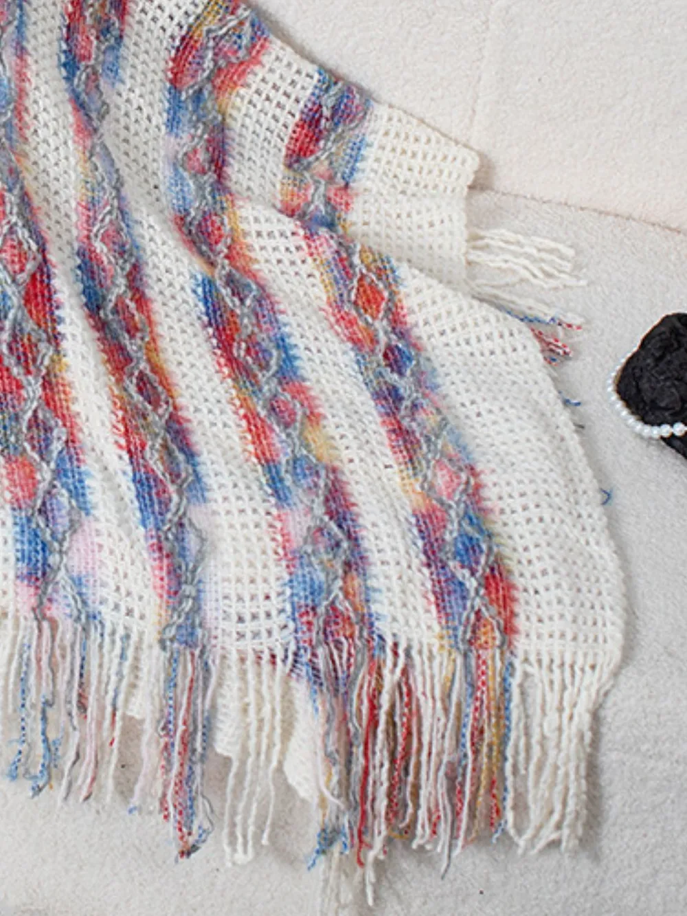 Fringe Contrast Hooded Poncho, image 11