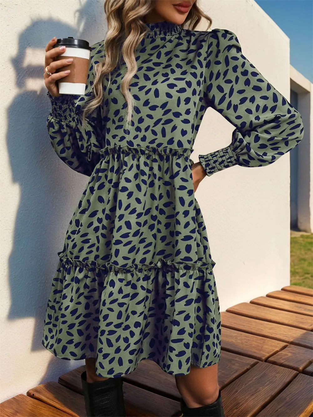 Frill Printed Mock Neck Long Sleeve Mini Dress, image 7