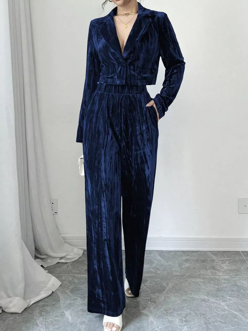 Pleated Velvet Blazer & Wide Leg Pants Set, image 2