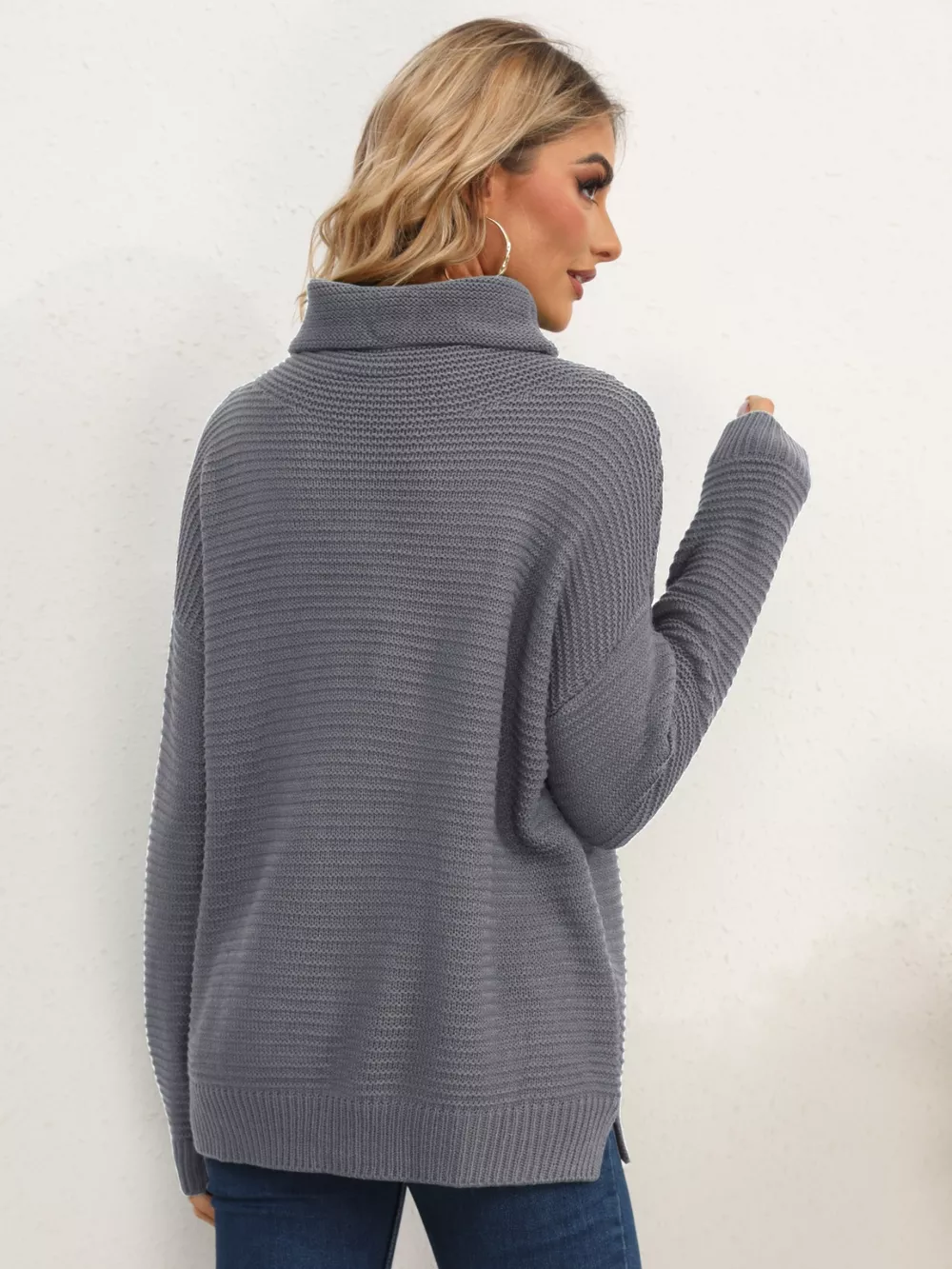 Slit Turtleneck Dropped Shoulder Sweater, image 21