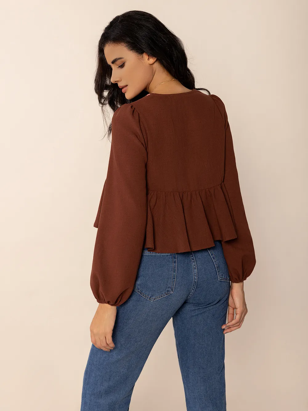 Peplum Tied V-Neck Long Sleeve Blouse, image 5